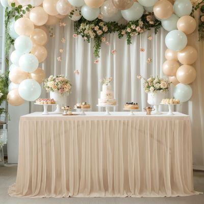 Heavyoff Khaki Tulle Table Skirt for Rectangle Tables, 4FT (L48inH30in), Wedding Reception, Birthday Party, Restaurant Meeting