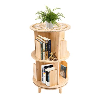 PurraQue 2-Layer Rotating Bookshelf 360 Display Floor Standing Bookcase Storage Rack for Kids&Adults Multi-Functional Bookshelf Organizer Floor-Standing Wooden Rotating Bookshelf (2-Tier)