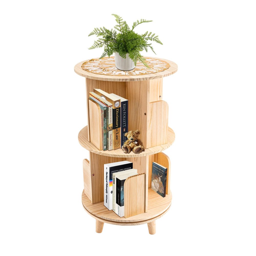 PurraQue 2-Layer Rotating Bookshelf 360 Display Floor Standing Bookcase Storage Rack for Kids&Adults Multi-Functional Bookshelf Organizer Floor-Standing Wooden Rotating Bookshelf (2-Tier)