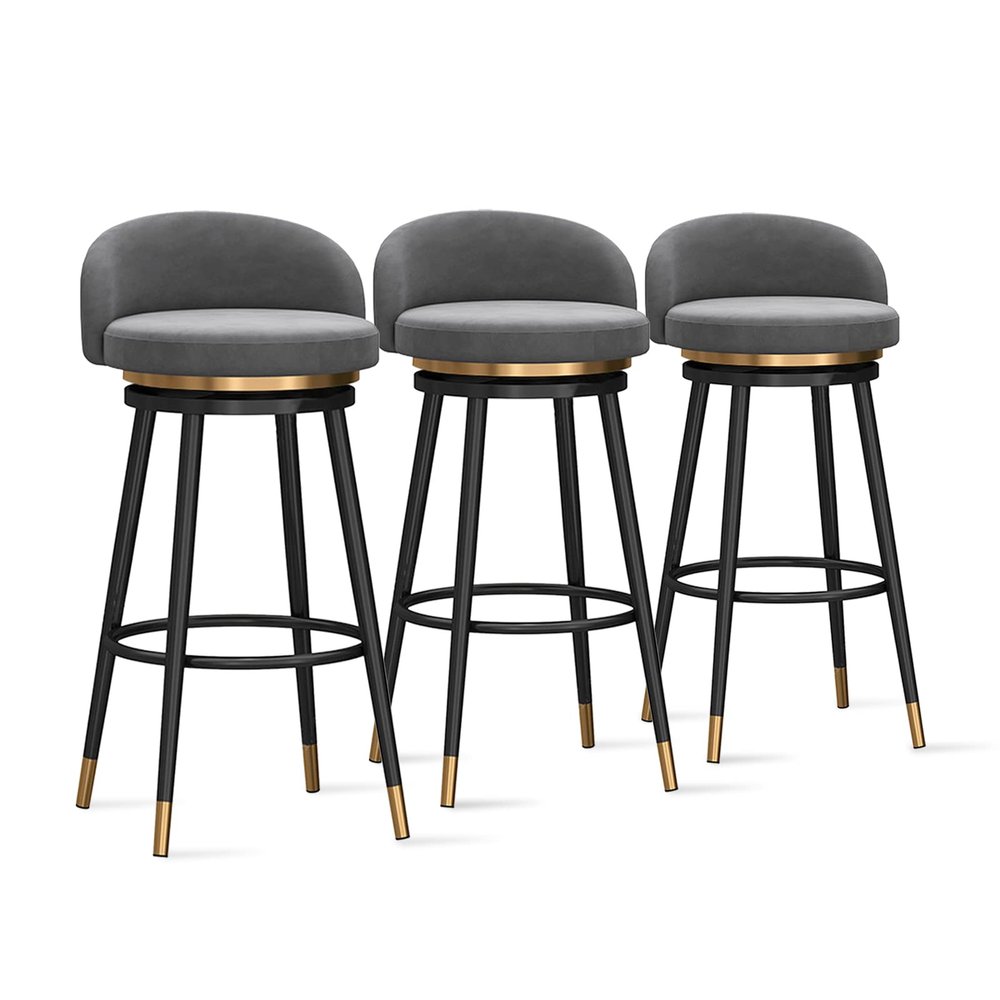 Guyifuny 360 Swivel Counter Height Bar Stools, Kitchen Bar Chairs Modern White Footrest with Low Back Velvet Dining Chairs for Kitchen Pub Dining Room Counter,Grey Black Leg,3 PCS