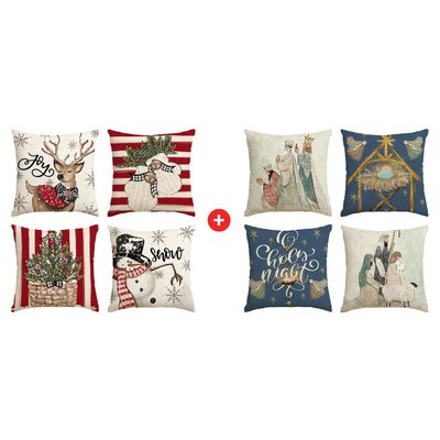AVOIN colorlife Merry Christmas Snowman Reindeer Gloves Eucalyptus O Holy Night Jesus Snowflake Throw Pillow Covers, 18 x 18 Inch Cushion Case for Sofa Couch Set of 8