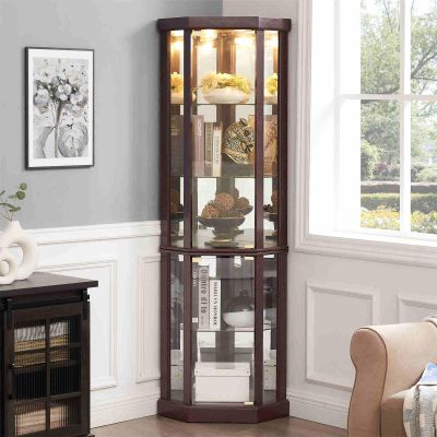 Lighted 3-Side Glass Display Cabinet with Adjustable Shelves, 70'' Tall Corner Cabinet with Anti-toppling Device & Side-hung Doors, Showcase for Antique Collection & Home Bar