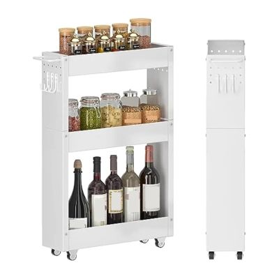ENGENDER Kitchen Island with Storage Slim Storage Cart,3-Tier White Rolling Cart with Handle for Kitchen Bathroom Laundry Narrow Places Kitchen Islands