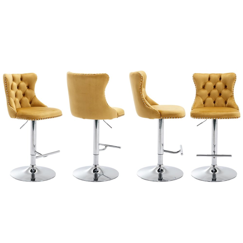 SoarTalent 33 Velvet Swivel Bar Stools Set of 4 Kitchen Counter Adjustable Height Upholstered Barstools with Silver Leg and Back for Kitchen Island, Bar, Dining Room(Gold-Silver Leg,Set of 4)