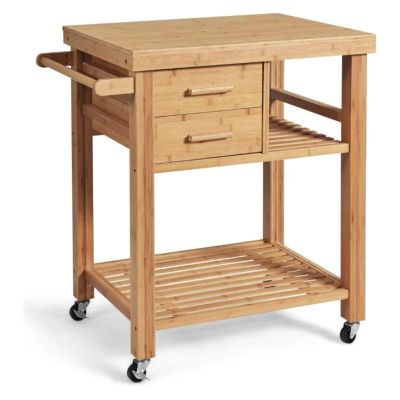 ENGENDER Kitchen Island with Storage Kitchen Island,Bamboo Island Cart, Kitchen Trolley Cart on Wheels, Rolling Kitchen Cart,2 Drawers,Towel Rack,Casters Kitchen Islands