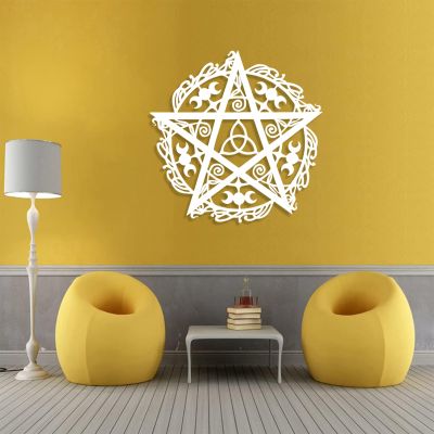 Pentagram Metal Wall Art - Moon Phase & Triple Moon Silhouette, Witchy & Mystic Wall Decor for Living Room (White, 39"x39" | 100x100 cm)
