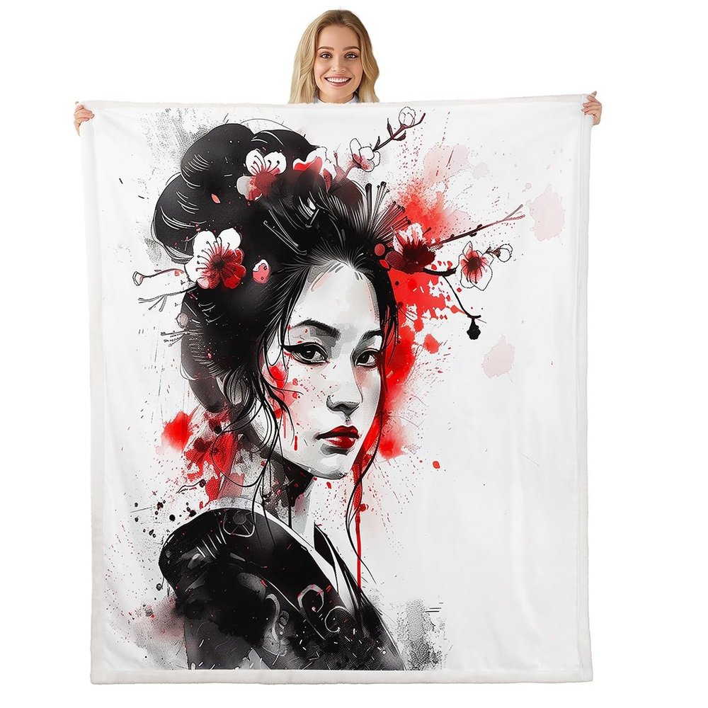 Feelyou Kids Japanese Art Geisha Fleece Throw Blanket 40"x50" Boys Girls Cherry Blossoms Plush Blanket Japanese Style Sherpa Blanket Japanese Tradition Aesthetic Fuzzy Blanket