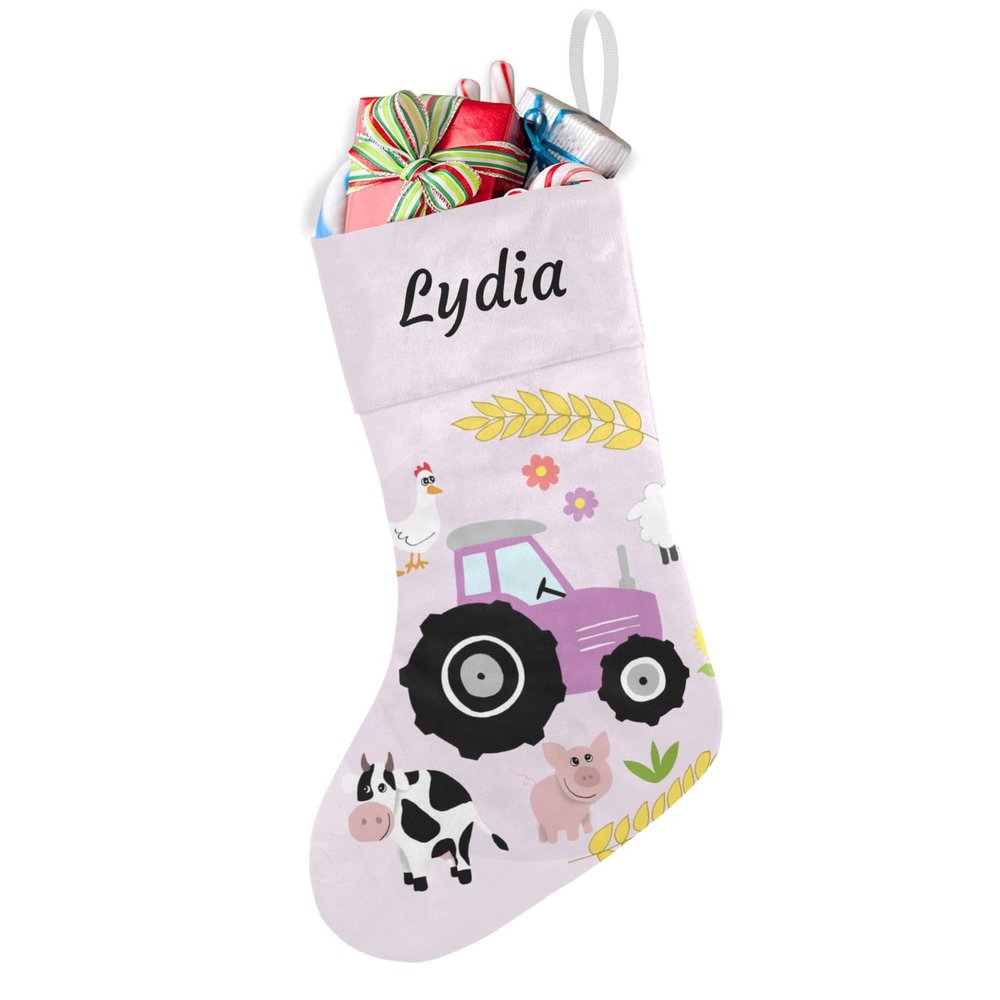 Joyestore Personalized Girls Cute Pink Farm Animals Tractor Christmas Stocking,Custom Christmas Stocking for Boys,Girls,Home Decor,Holiday Decorations,Only One Stocking