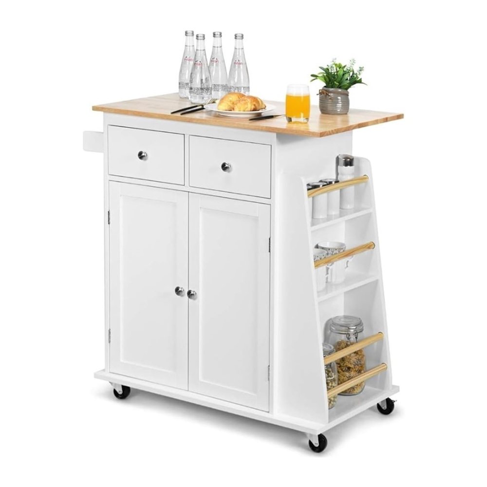 ENGENDER Kitchen Island with Storage Kitchen Island Cart, Rolling Wood Trolley with Storage Cabinet, Towel Handle, 2 Drawers, Side Spice Rack and Wine Bottle Kitchen Islands