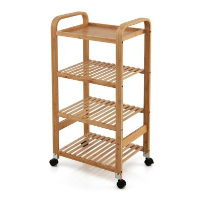 ENGENDER Kitchen Island with Storage 4-Tier Bamboo Mobile Kitchen Serving Trolley Cart with Storage Shelf and Lockable Casters Kitchen Storage Rack Furniture Kitchen Islands