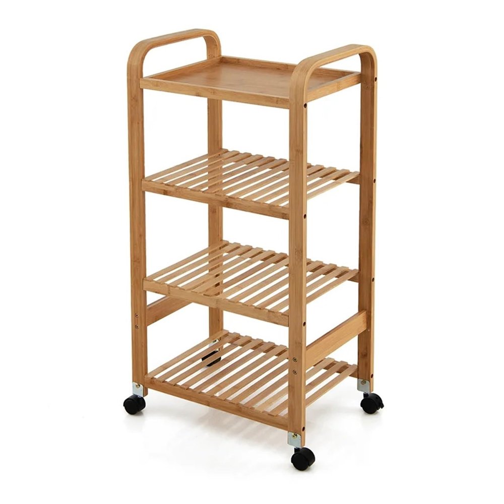 ENGENDER Kitchen Island with Storage 4-Tier Bamboo Mobile Kitchen Serving Trolley Cart with Storage Shelf and Lockable Casters Kitchen Storage Rack Furniture Kitchen Islands