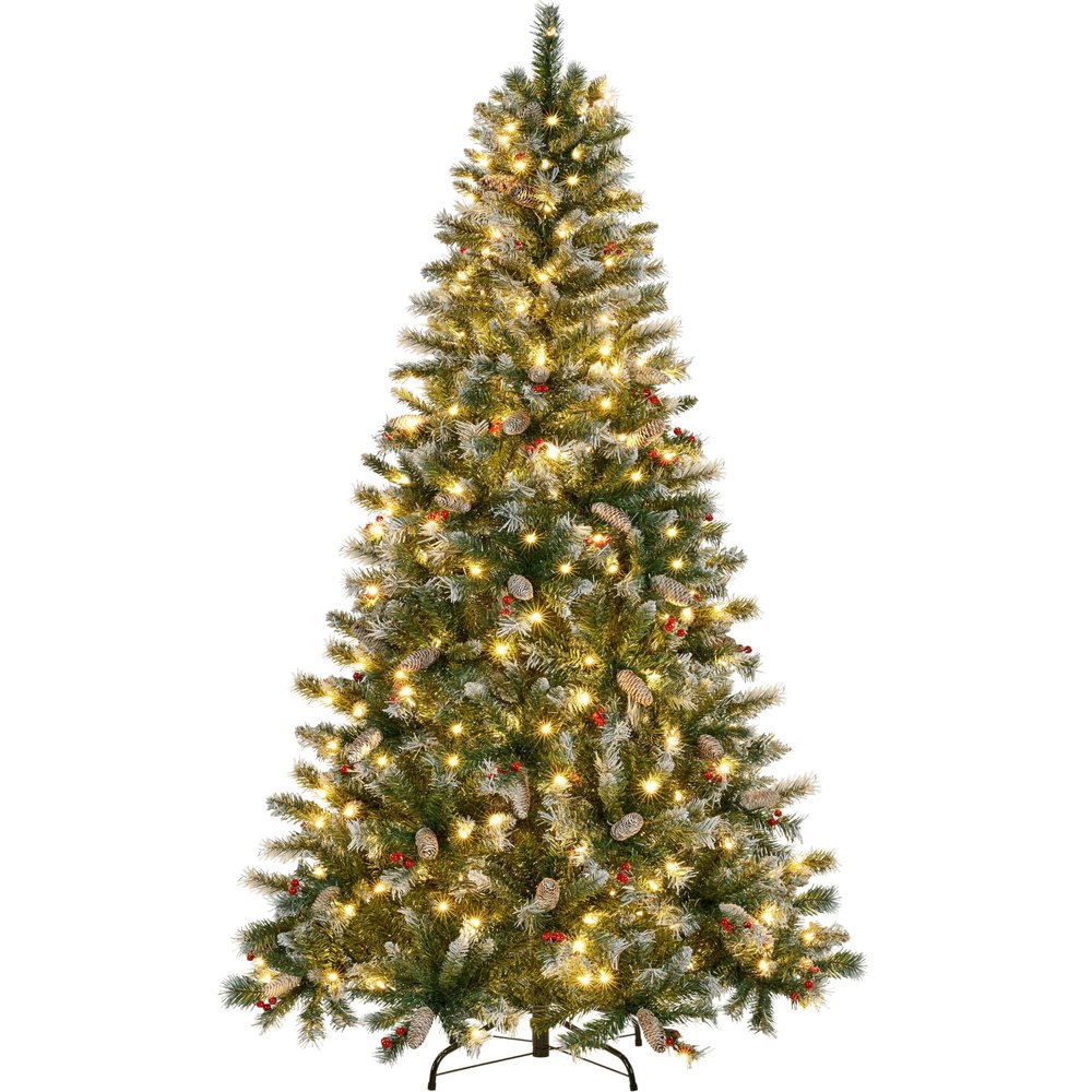 Yaheetech 6ft Pre-lit Frosted Artificial Hinged Christmas Tree with 818 Flocked PVC Tips,62 Pine Cones,62 Holly Berries & 250 Warm White Lights,Foldable Stand,Green