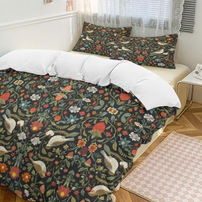 AAVEUP William Morris Comforter Set, Vintage Rustic Antique Art Nature Green Plant Flower Leaf Bird Printed Cover All Season Bed Sheet Bedspread 2 Pillowcases, 102x90 in, 3 Piece Set