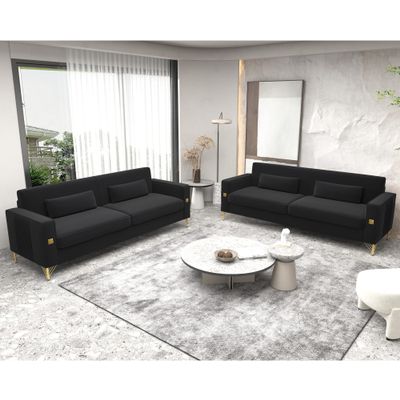 2PCS Mid-Century Modern Velvet Sofa for 4~6 People, 84 inches Loveseat Large Sectional Couch with Gold Metal Leg & 2 Pillows, Upholstered Deep Seat Couches for Living Room, Bedroom Home, Office Black