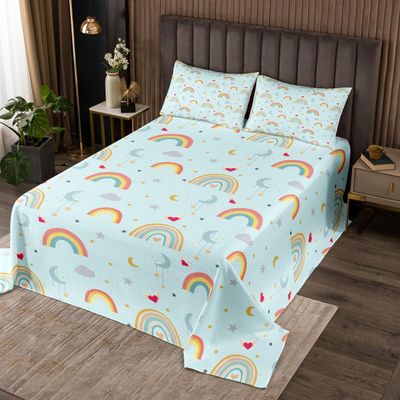 Manfei Cute Cartoon Rainbow Kids Bedspread Queen Size,Moonight Stars Love Heart Kawaii Coverlet Set,Boys Girls Room Decor,Geometric Graffiti Stripes Quilted Coverlet,Blue Bedding Quilt,2 Pillowcases