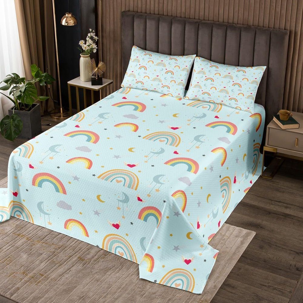 Manfei Cute Cartoon Rainbow Kids Bedspread Queen Size,Moonight Stars Love Heart Kawaii Coverlet Set,Boys Girls Room Decor,Geometric Graffiti Stripes Quilted Coverlet,Blue Bedding Quilt,2 Pillowcases