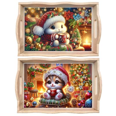 Christmas Diamond Art Painted Rectangular Dot Drilled Wooden Tray, Handmade Wooden DIY Tray Diamond Wooden Tray Dinner Plate for Restaurant Snack Tray Tea Tray Coffee-#07-2PC