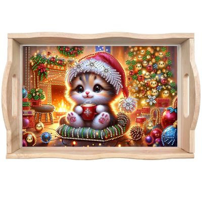 Christmas Diamond Art Painted Rectangular Dot Drilled Wooden Tray, Handmade Wooden DIY Tray Diamond Wooden Tray Dinner Plate for Restaurant Snack Tray Tea Tray Coffee-#04-Cat