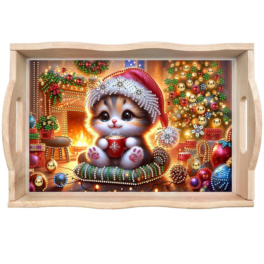 Christmas Diamond Art Painted Rectangular Dot Drilled Wooden Tray, Handmade Wooden DIY Tray Diamond Wooden Tray Dinner Plate for Restaurant Snack Tray Tea Tray Coffee-#04-Cat