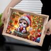 Christmas Diamond Art Painted Rectangular Dot Drilled Wooden Tray, Handmade Wooden DIY Tray Diamond Wooden Tray Dinner Plate for Restaurant Snack Tray Tea Tray Coffee-#04-Cat view 2