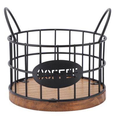 Yunir Coffee Pod Holder for Counter,Round Iron Cup Holders Coffee Pods Storage Organizer,Large Capacity Coffee Basket with Wooden Base for Kitchen Office Desktop