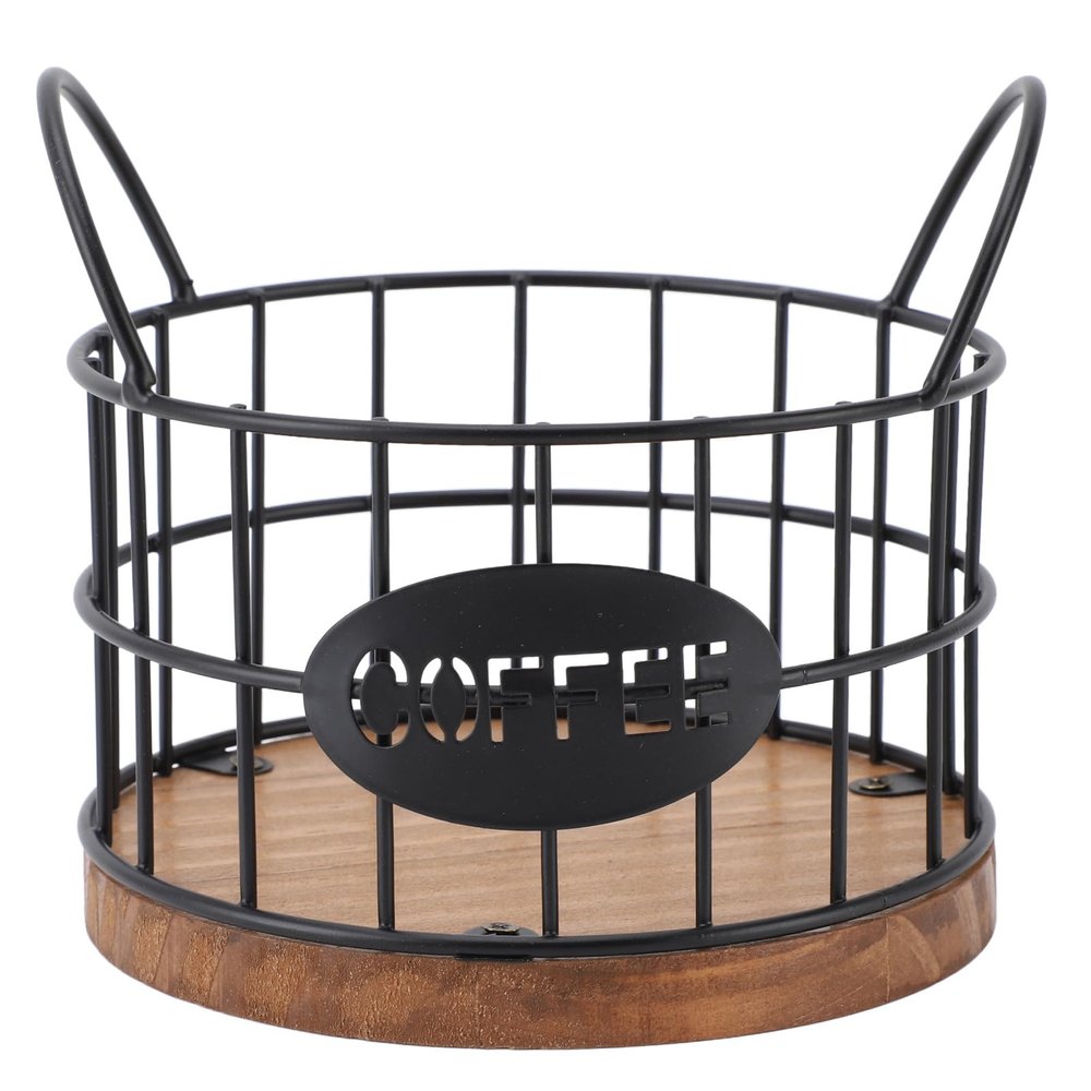 Yunir Coffee Pod Holder for Counter,Round Iron Cup Holders Coffee Pods Storage Organizer,Large Capacity Coffee Basket with Wooden Base for Kitchen Office Desktop
