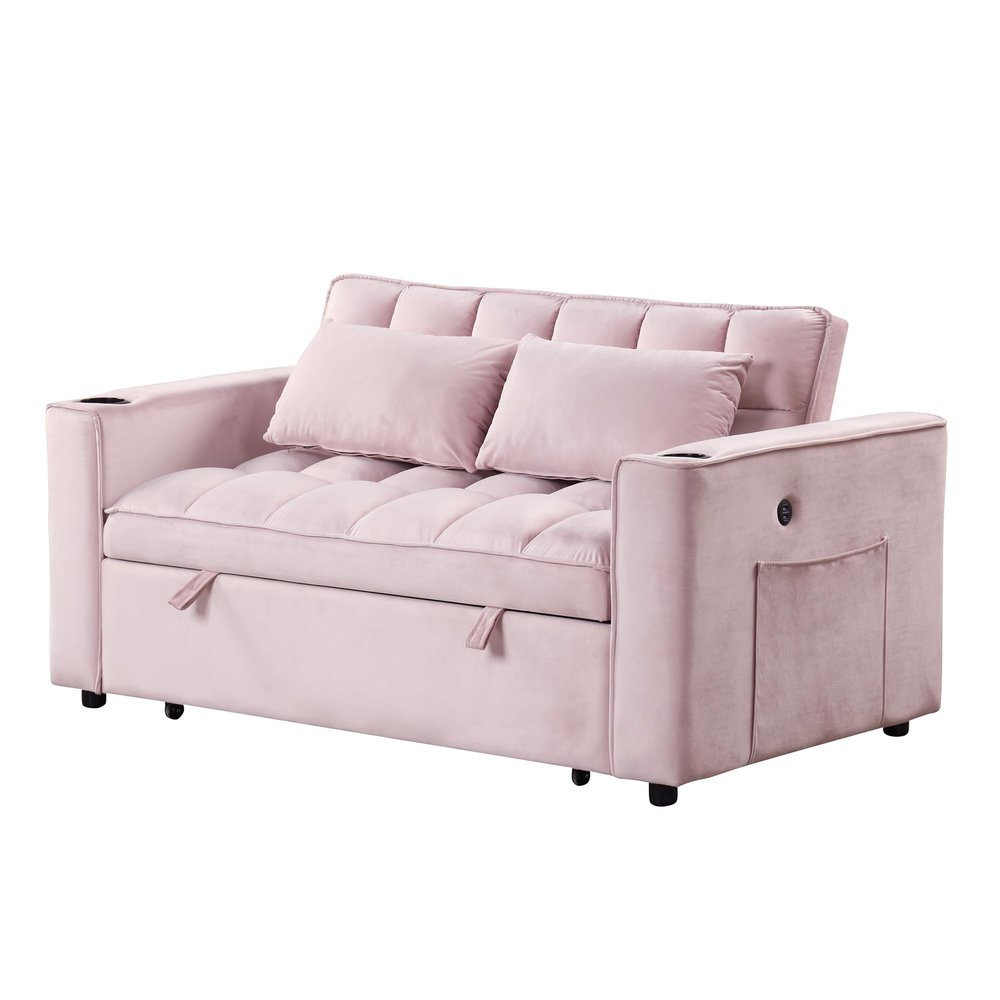 55.3" 4-1 Multi-Functional Sofa Bed with Cup Holder and USB Port for Living Room or Apartments Pink