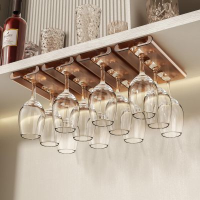 AQJUNONG 4Pack Wine Glass Rack, Punch-free Under Cabinet Stemware Rack for Kitchen and Bar (Amber)