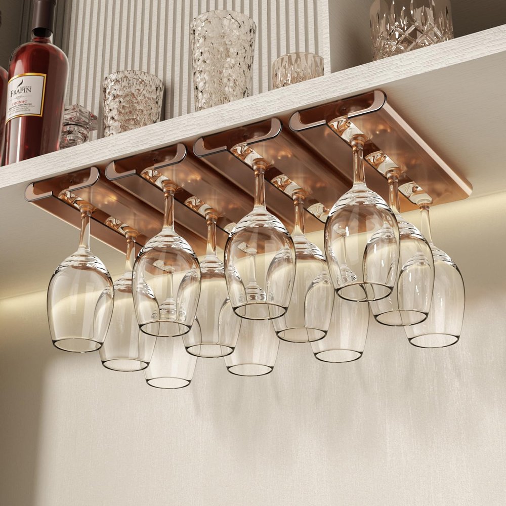 AQJUNONG 4Pack Wine Glass Rack, Punch-free Under Cabinet Stemware Rack for Kitchen and Bar (Amber)