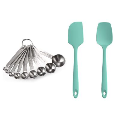 18/8 Stainless Steel Measuring Spoons Set for Dry and Liquid Ingredients (Set of 9), and 600F Heat Resistant 11.38in Flexible Non-Stick Spatula & Spoon Spatula (Aqua Sky)