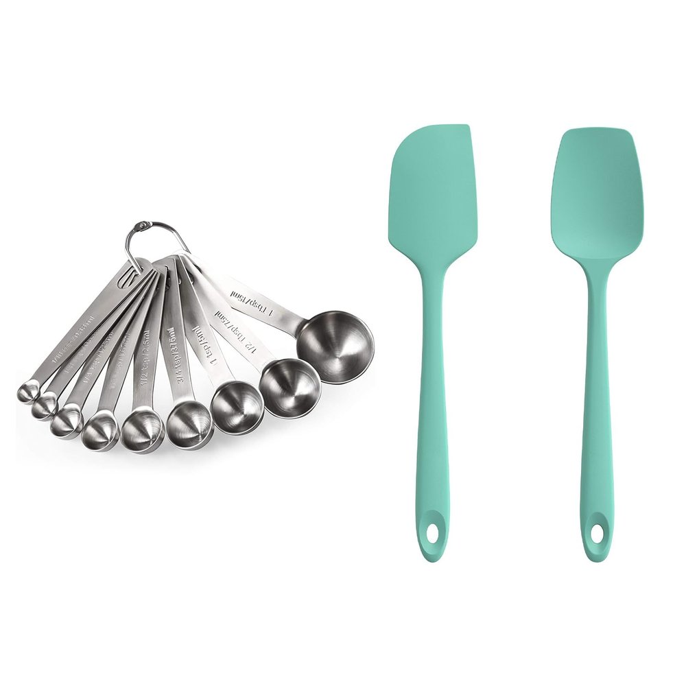 18/8 Stainless Steel Measuring Spoons Set for Dry and Liquid Ingredients (Set of 9), and 600F Heat Resistant 11.38in Flexible Non-Stick Spatula & Spoon Spatula (Aqua Sky)