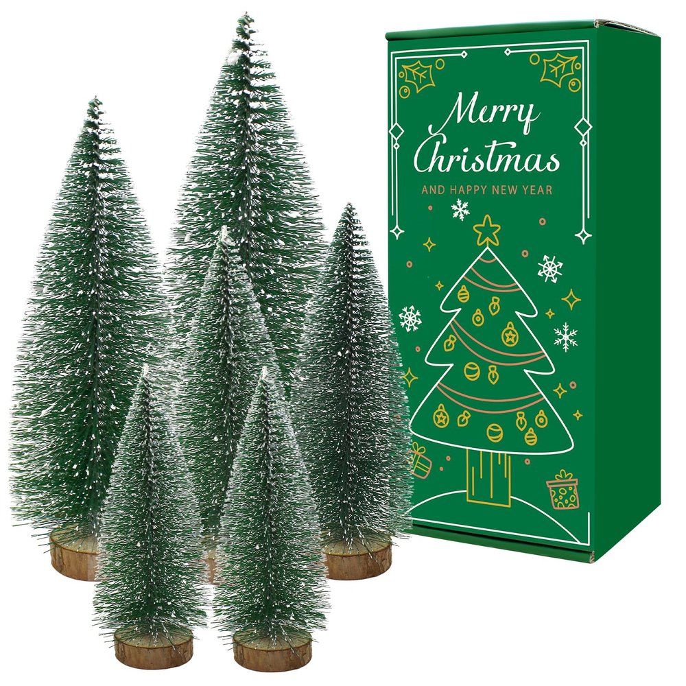 6 Pcs Small Christmas Trees Bottle Brush Christmas Trees Christmas Decorations, Small Christmas Pine Tree with Wooden Base for Christmas Table Decorations (4 Size)