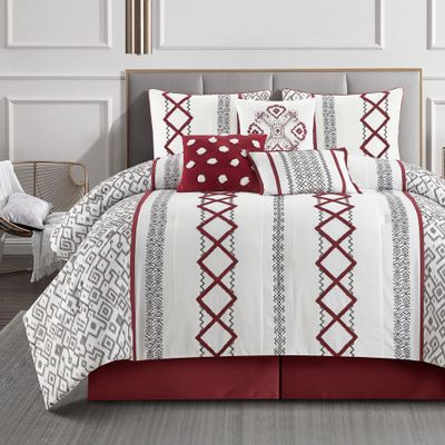 LANCO MODERN LIFESTYLE White Red King Comforter Set, 7 Pieces All Season Bedding Sets in a Bag with Geometric Terry Embroidered Comforter, Bed Skirt, Pillow Shams and Decorative Pillows