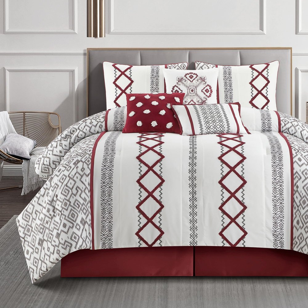 LANCO MODERN LIFESTYLE White Red King Comforter Set, 7 Pieces All Season Bedding Sets in a Bag with Geometric Terry Embroidered Comforter, Bed Skirt, Pillow Shams and Decorative Pillows