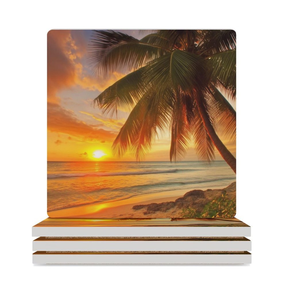 Coaster Sets 4 PCS Tropical Beach Palm Tree Sunset Drink Coasters for Coffee Table Absorbent Ceramic Coaster with Cork Base Square Coasters Non-Slip Cup Coaster 3.7x3.7x0.3 Inch