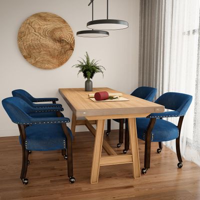JESONVID Set of 4 Fabric Dining Chair with Casters, Captain's Poker Chair with Arms & Nailhead Trim Accent Kitchen Table Game Table Rolling Chairs with Wheels,Espresso&Dark Blue(No Table!)