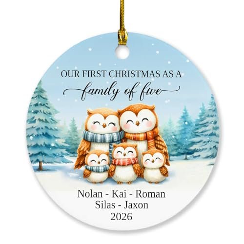 1st Xmas As A Family of Five Ornament, Customized Names Owl Families of 5 Christmas Ornaments, Christmas Ornament Keepsake 2026, Personalized Owl Five Members Family Xmas Tree Ornaments for Dad Mom