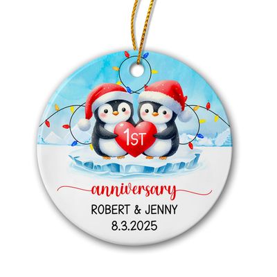 1St Anniversary Ceramic Ornament 2025, Personalized First Anniversary Christmas Ornaments Gifts for Husband Wife Boyfriend Girlfriend, Custom Names Penguin Couple Ornaments for Dating Anniversary