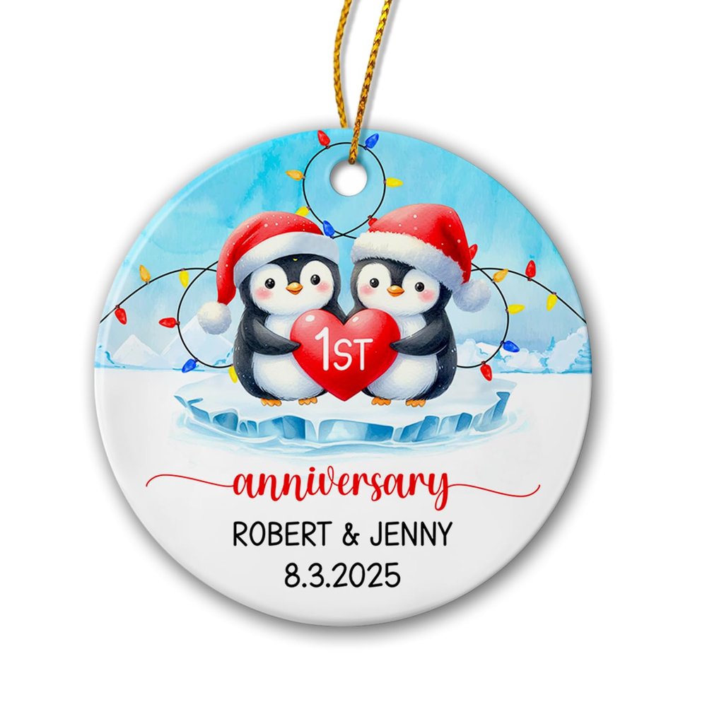 1St Anniversary Ceramic Ornament 2025, Personalized First Anniversary Christmas Ornaments Gifts for Husband Wife Boyfriend Girlfriend, Custom Names Penguin Couple Ornaments for Dating Anniversary