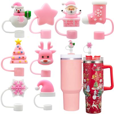 8PCS Pink Christmas Straw Toppers for Stanley Cups,3D Santa Claus Xmas Tree Straw Cover Caps for Stanley 30&40 Oz Tumbler,10mm 0.4in Reusable Soft Silicone Drinking Xmas Tips Lids for Christmas Gift