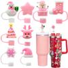 8PCS Pink Christmas Straw Toppers for Stanley Cups,3D Santa Claus Xmas Tree Straw Cover Caps for Stanley 30&40 Oz Tumbler,10mm 0.4in Reusable Soft Silicone Drinking Xmas Tips Lids for Christmas Gift view 1