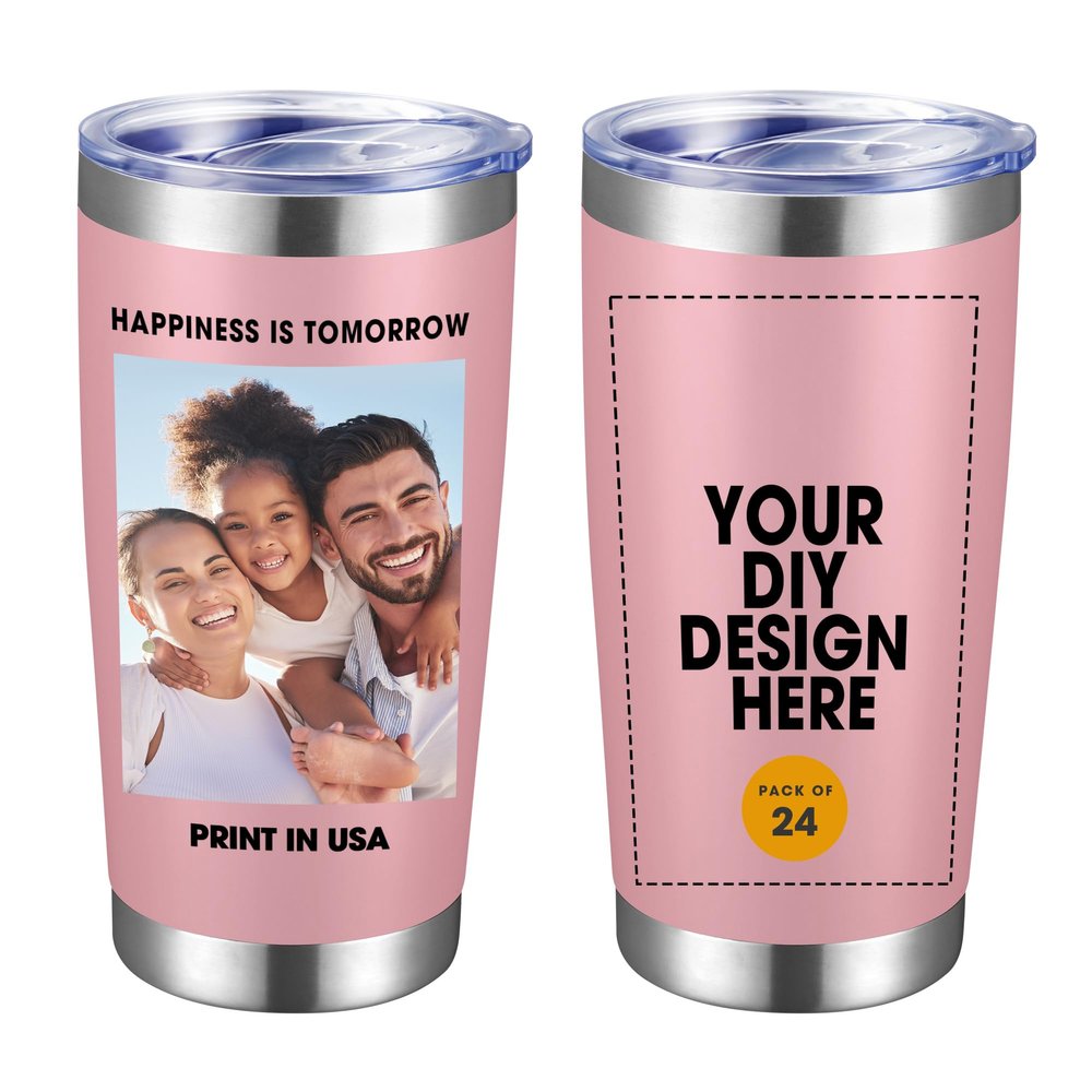 Personalized Custom Tumbler Print in USA 24 Pcs 20oz Stainless Steel Coffee Cup with Lid & Straw Double Wall Insulated Tumbler with Colorful Text Logo Photo