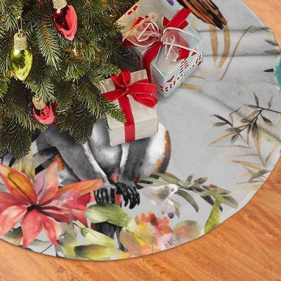 30" Christmas Tree Skirt Plush Xmas Tree Skirt Animals Lemur Flowers Pattern Tree Skirt Christmas Tree Mat for Holiday Xmas Tree Skirt Base Cover for Christmas New Year Decorations