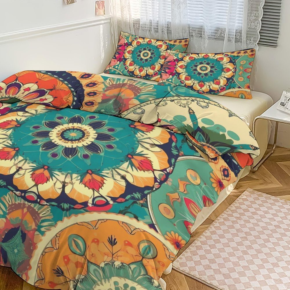 VFKLT 3-Piece Bedding Set, Comforter Queen Cute Round Flower Printed Set-3 Pieces Bedding Thickened Bed Three Piece Set Bedspread Pillow Case for Household Hotel Tourism 86"x70"