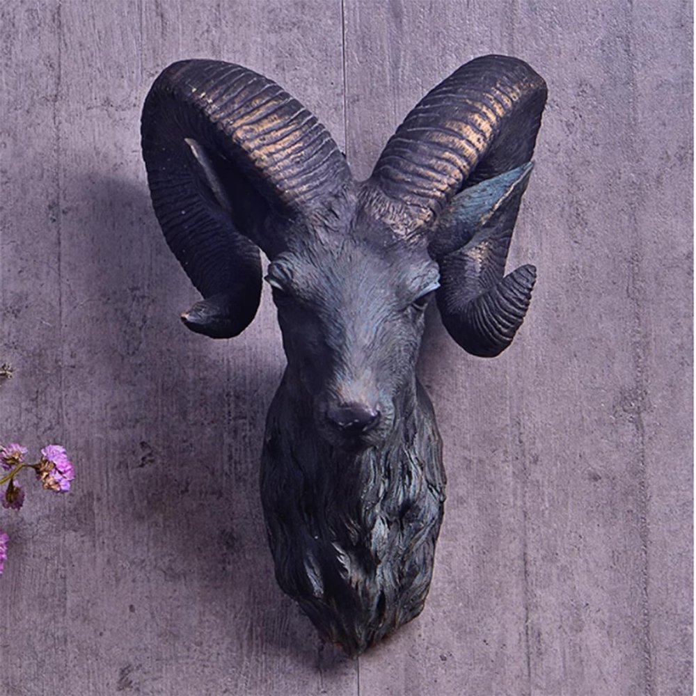 17.7Inch Wall Decor for Living Room,Animal Head Wall Decor, Faux Sheep Head Wall Hanging,Faux Taxidermy Animal Head Wall Art Pendant, Antique Animal Resin Wall Decoration, Home Wall Art Decoration Gifts (Black)