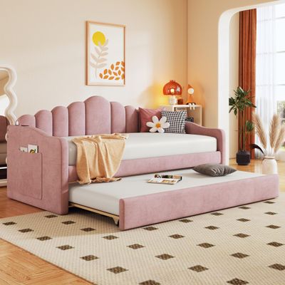 Bellemave Twin Size daybed with Trundle for Adults, Kids, Girls, Teens, daybeds with Trundle for Living Room, Velvet,Pink(Mattress not Included)