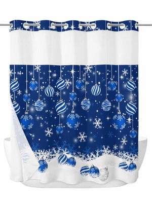 No Hook Shower Curtain with Snap in Liner Set Christmas Tree Shower Curtains for Bathroom Waterproof Fabric Blue Christmas Balls Bath Curtain with See Through Mesh Top Window for Hotel Spa 72x78 Inch