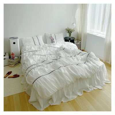 YUSIWOAL Girls Pleat Cotton Bedding Set Solid Bed Linen King Queen Twin Double Size Duvet Cover Sets, All Season(Bianco,King Size 2.0M Bed 4pcs)