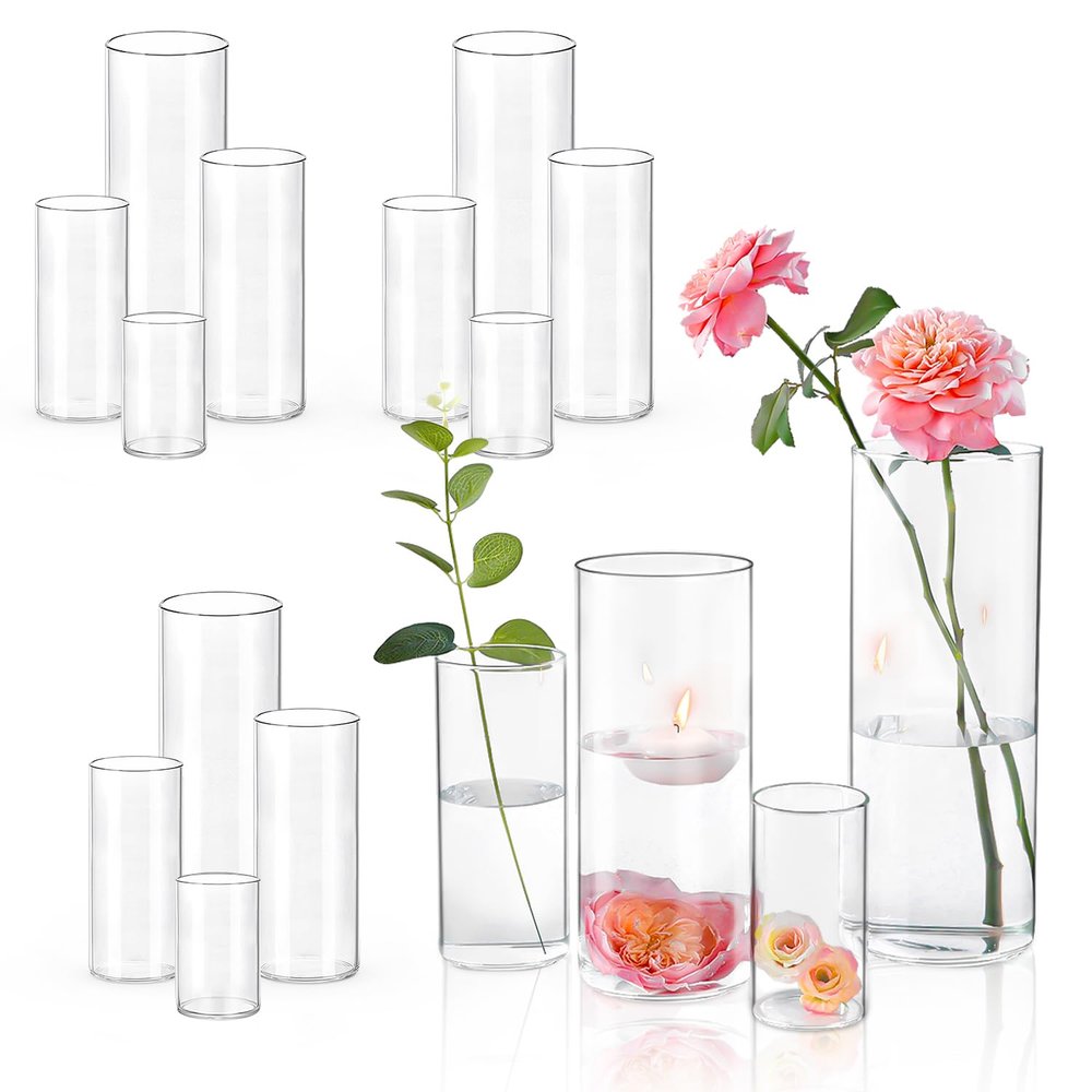 16 PCS Clear Cylinder Vases for Centerpieces | 4, 6, 8,10 Inch Tall Flower Vase for Wedding Decorations, Clear Floating Candle Vases in Bulk, Hurricane Candle Holdersfor Table, Home Dcor