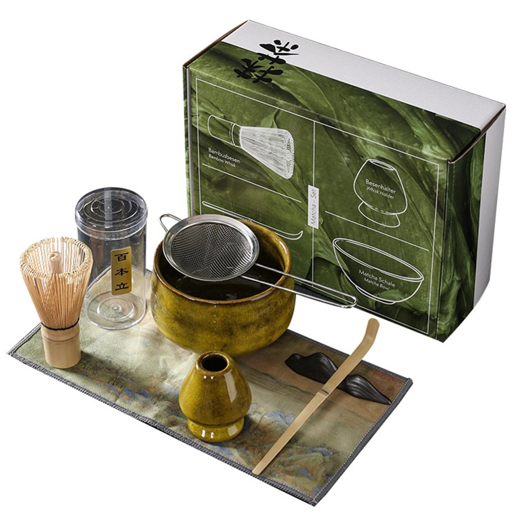 Matcha Bowl 7PCS/Set Matcha Whisk Set Includes Matcha Bowl, Bamboo Whisk, Whisk Holder, Matcha Sifter, Tea Scoop, Scoop Holder and Tea towel, Japanese Tea Set Yellow-Green